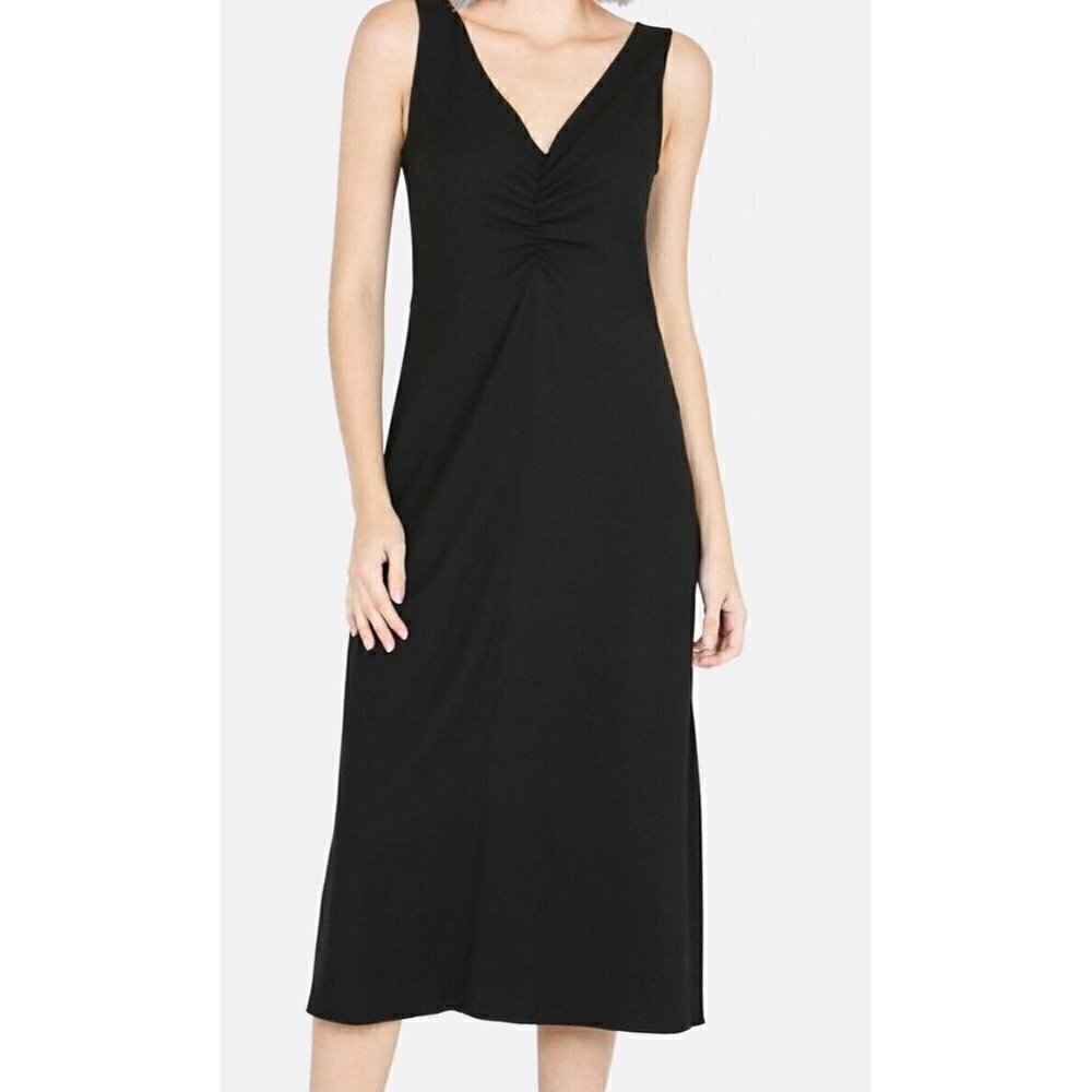 Vince Sz S Black Stretch Crepe Double V Neck Ruched Midi Dress